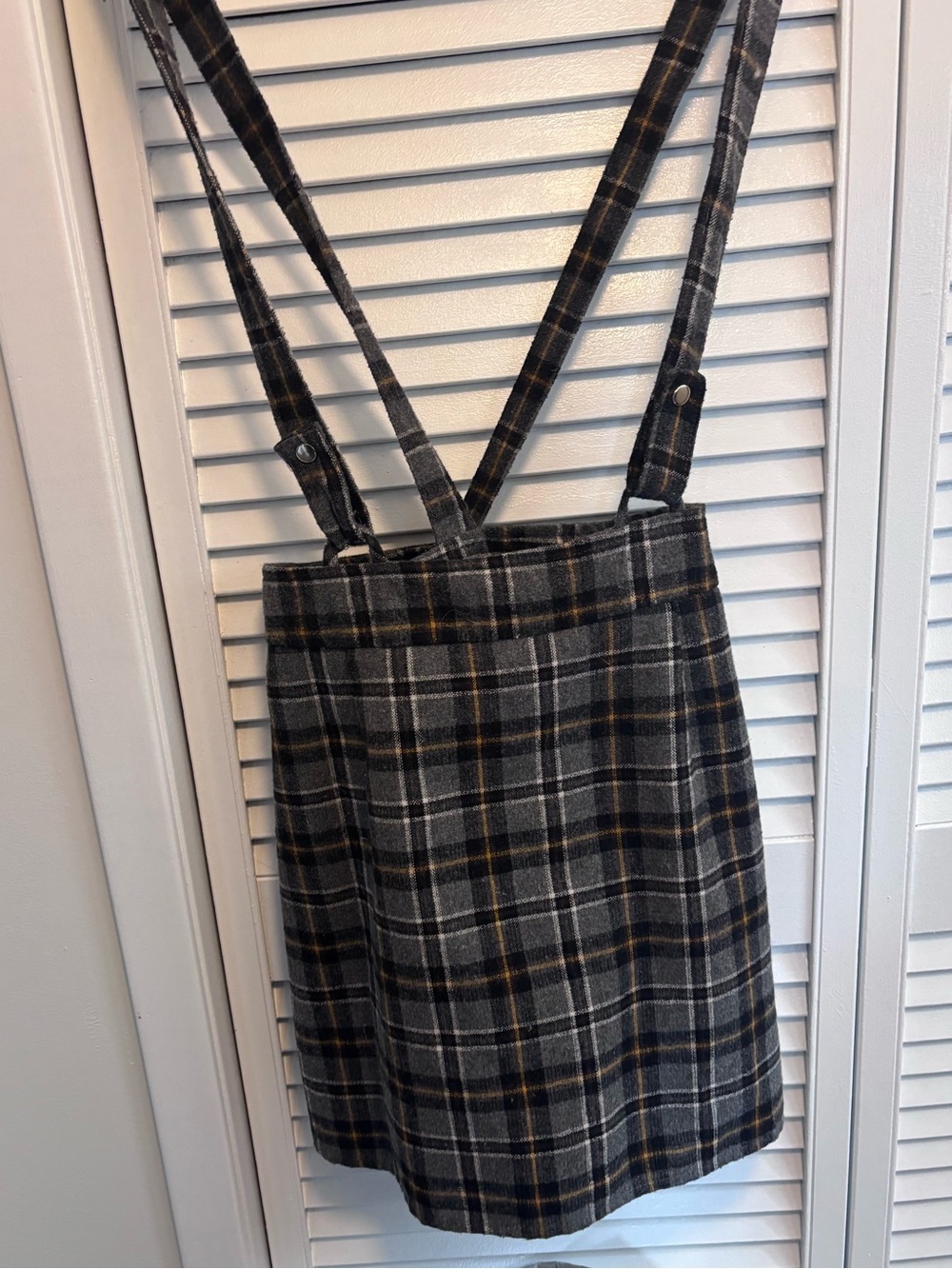 Forever 21 Gray Plaid Mini Skirt with Brown Accent Suspenders